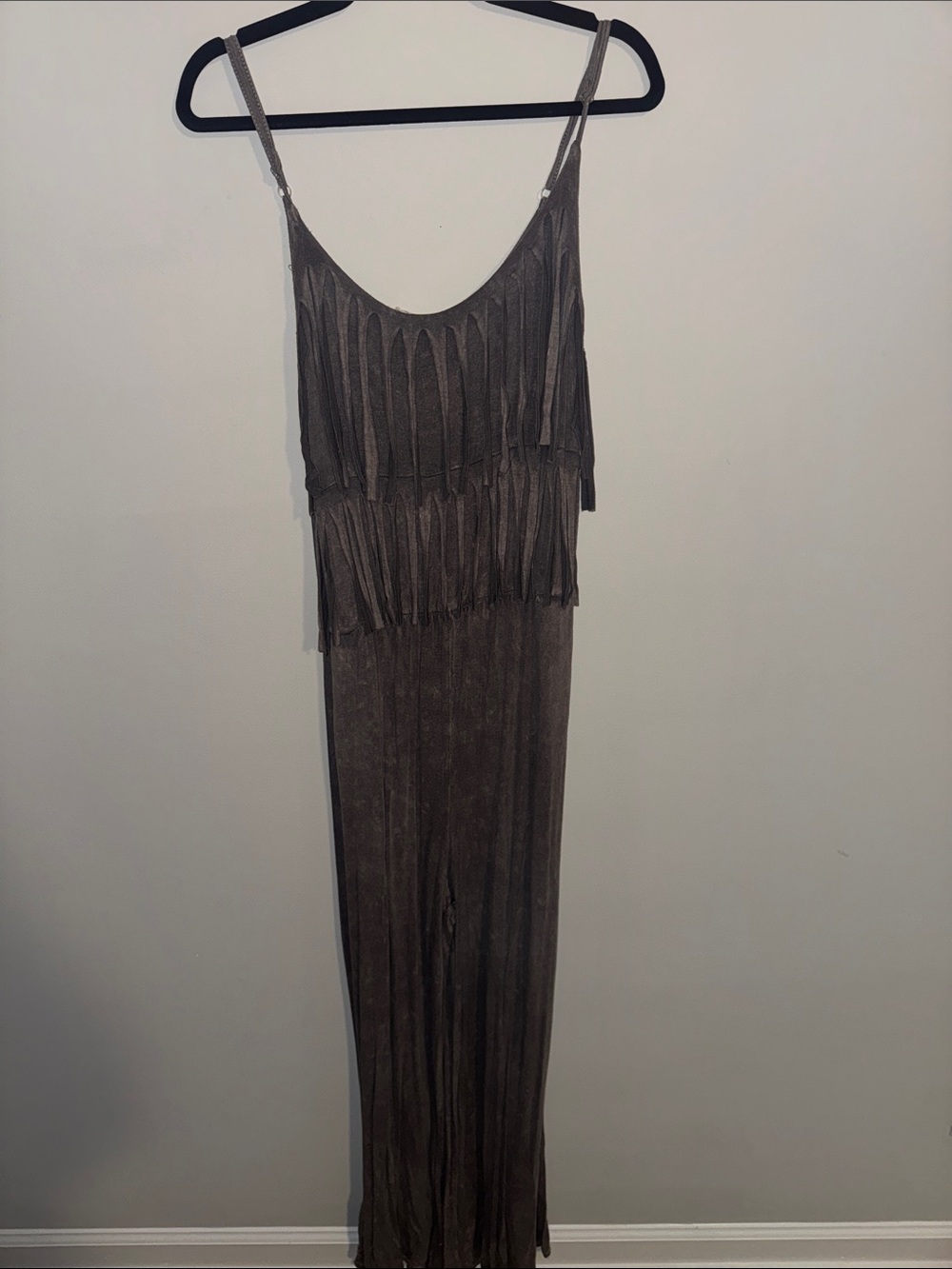 Blue Buttercup Gray Tiered Fringe Jumpsuit with Adjustable Straps